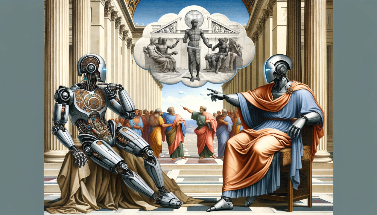 DALL-E prompt: A digital art representation in the style of Raphael's School of Athens